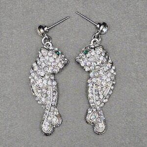 Silver Tone Pave Rhinestone Panther Dangle Earrings with Green Eyes 2" Long
